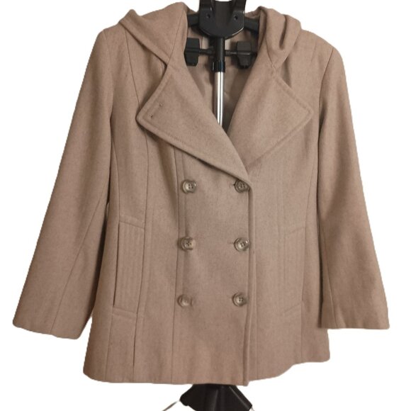 Anne Klein Jackets & Blazers - Anne Klein Classic Tan Wool Blend Double Breasted Hooded Coat Women’s L Large